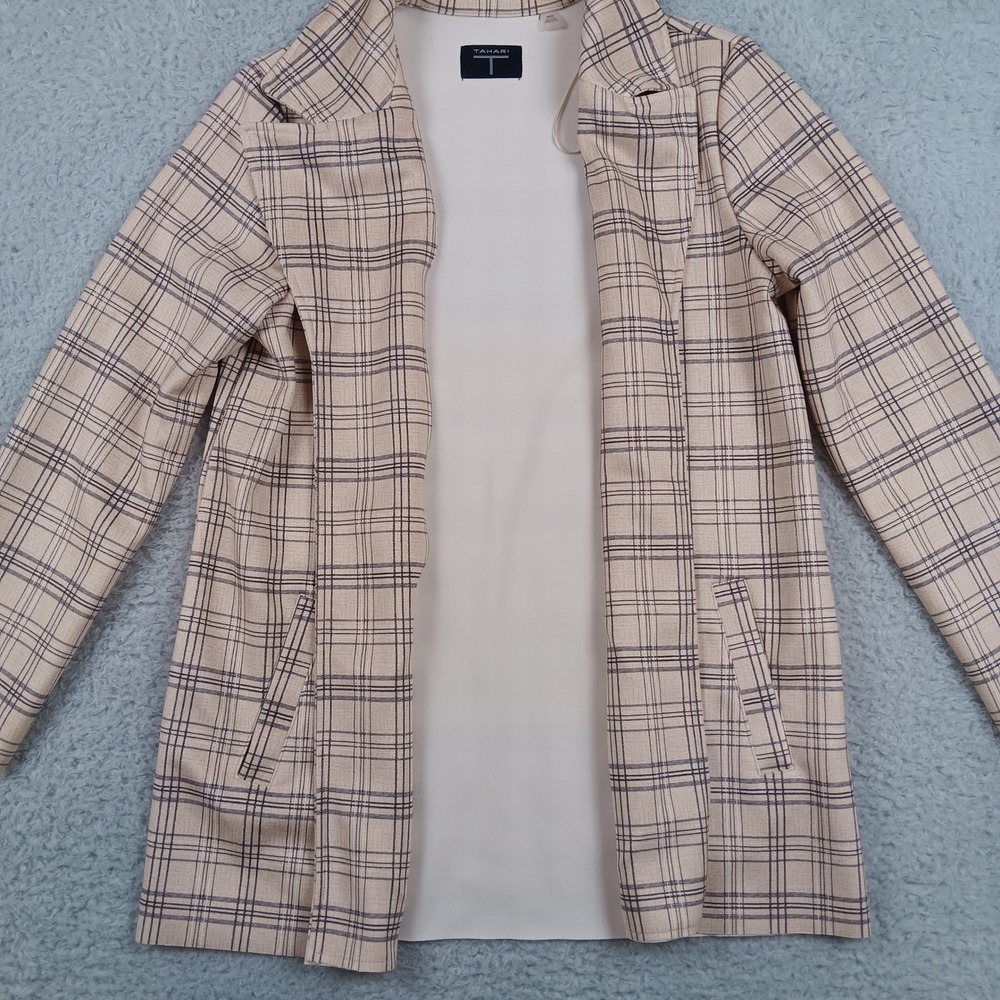 Tahari Blazer Jacket Women M Beige Plaid Open Front Faux Leather RN93178 - Picture 5 of 9